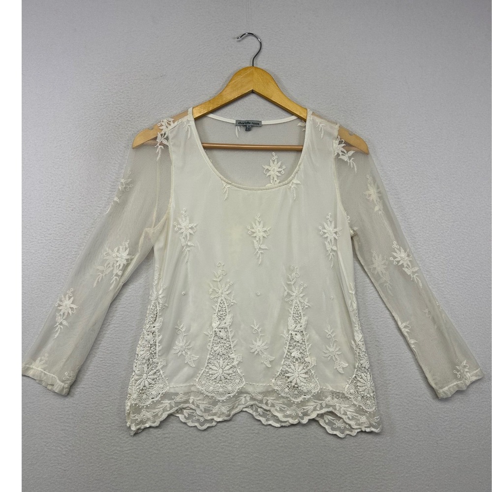Fairycore Charlotte Russe Womens Medium White Embroidered Sheer Lace Mesh Top